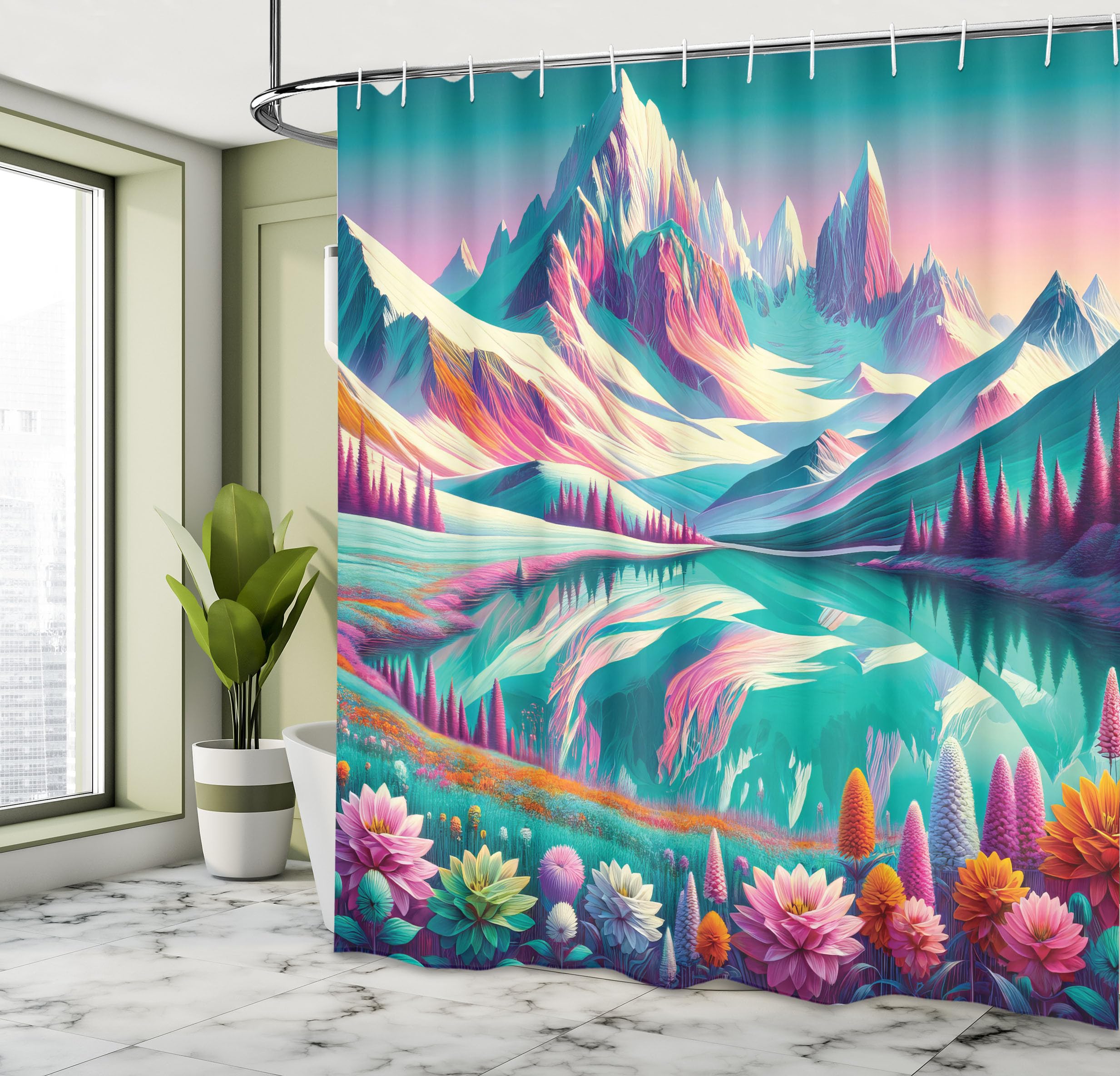 Ambesonne Lake Shower Curtain, Dreamland Illustration Of Fantasy Tones Flowery Meadow And Mountain Scene, Cloth Fabric Bathroom